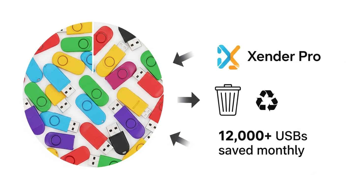 "Split-screen: Left - Plastic USB waste in landfill (1 USB = 500g waste). Right - Xender Pro phone showing 'Eco-Mode: 1.2kg CO2 saved'. Center: Green plant growing from cracked USB drive symbolizing tech transformation." USB e-waste solution, eco file transfer app, green tech transformation, plastic waste reduction