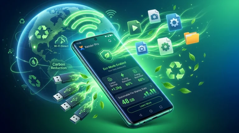 Eco-friendly file sharing wirelessly using Xender Pro to reduce USB waste and carbon emissions in 2026.