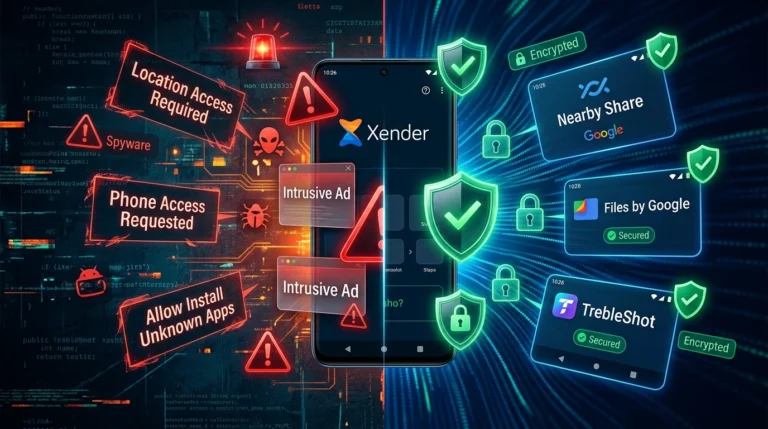 Security comparison showing Xender privacy risks and safer file sharing alternatives in 2026.