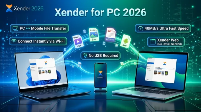 Xender for PC 2026 wireless file transfer between Windows laptop, MacBook and smartphone without USB cable or internet connection