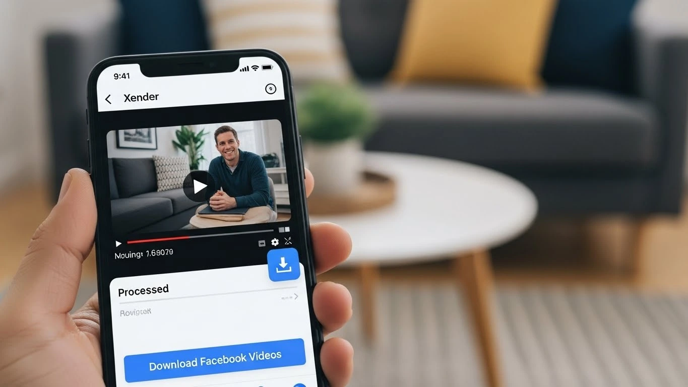 Xender app interface showing a Facebook video being downloaded using the paste link method on a smartphone.