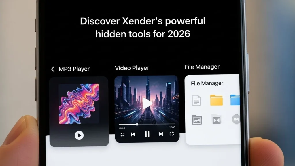 Smartphone screen showing MP3, video player, and file manager features in Xender