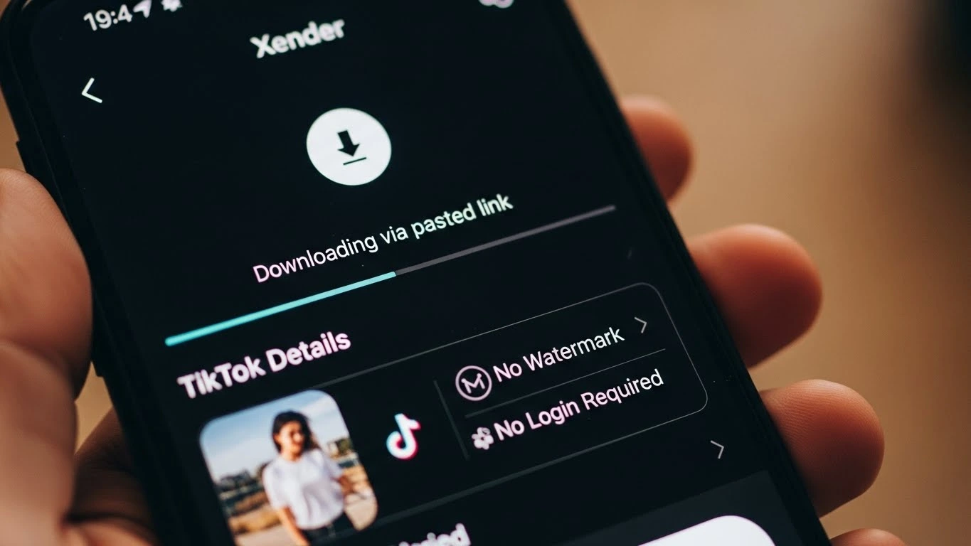 Xender app downloading a TikTok video via pasted link with no watermark and no login on a smartphone screen.