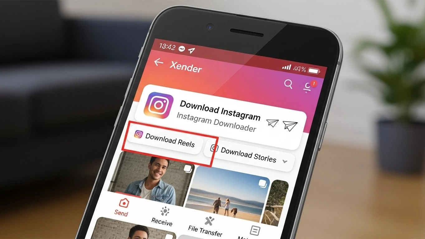 Xender app interface showing the option to download Instagram Reels and Stories securely from a smartphone.