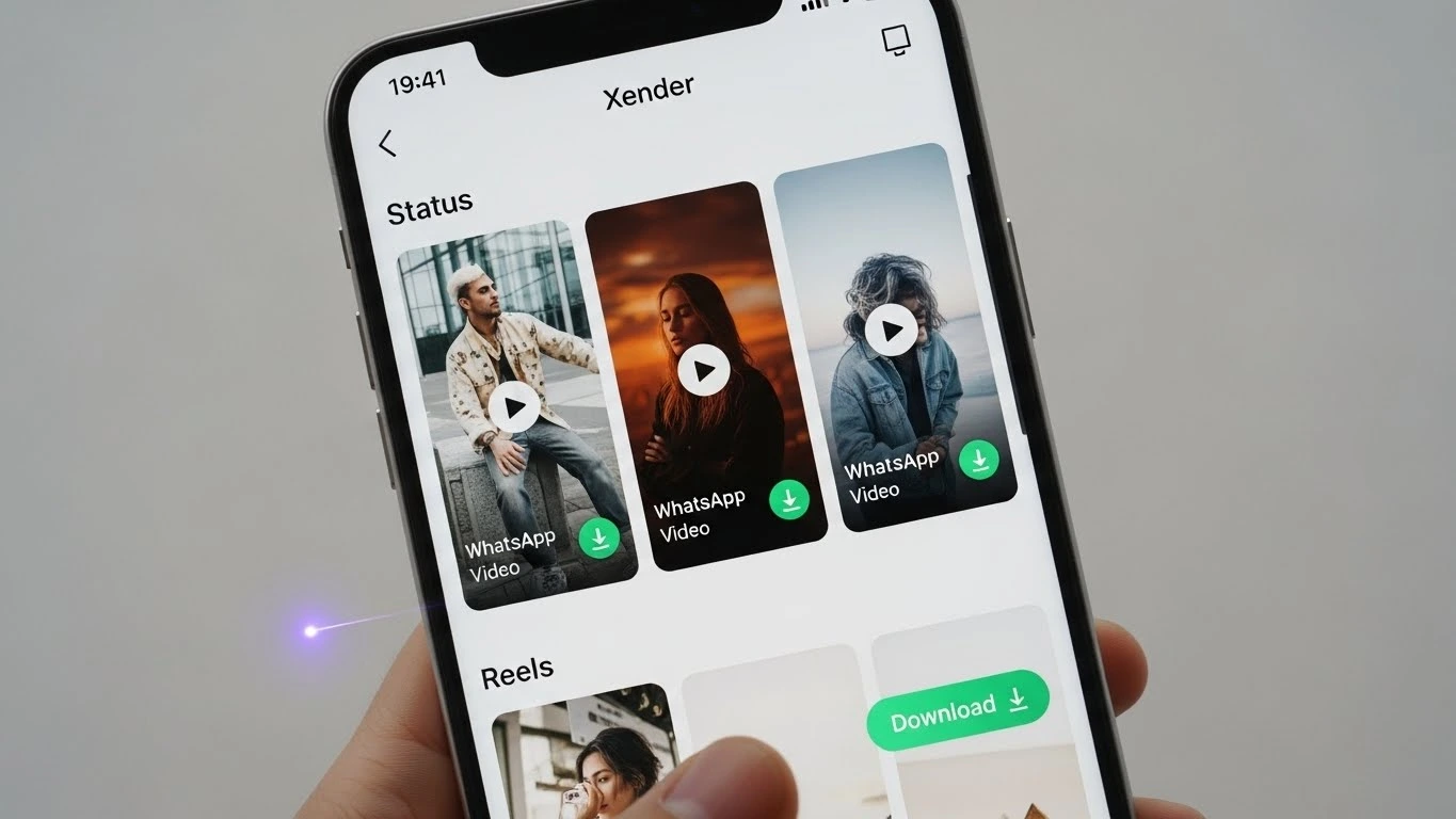 Xender app displaying WhatsApp status videos and images with download options on a smartphone screen.