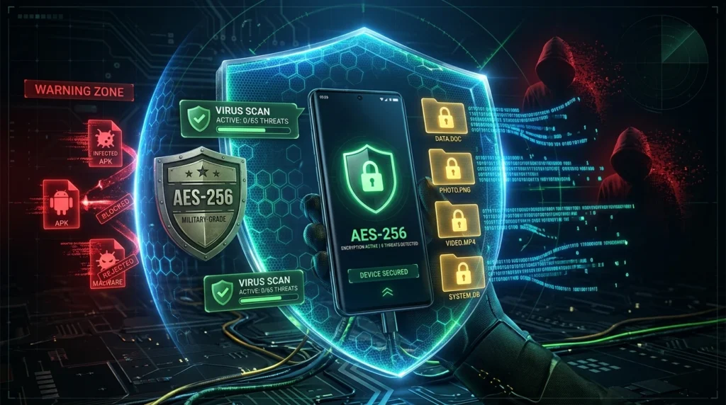 Smartphone protected by a glowing digital shield with AES-256 encryption, blocking cyber threats and securing private file transfers