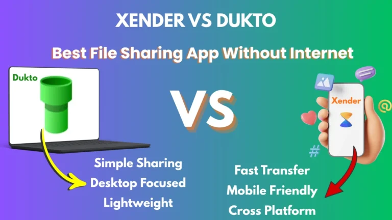 Xender vs Dukto comparison showing offline file sharing between phones and computers